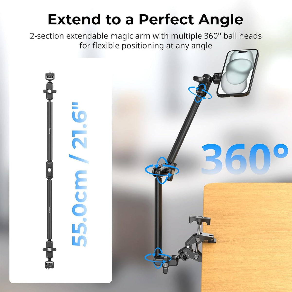 22" Magic Arm Clamp, Overhead Phone Mount Holder Stand, Camera Arm
