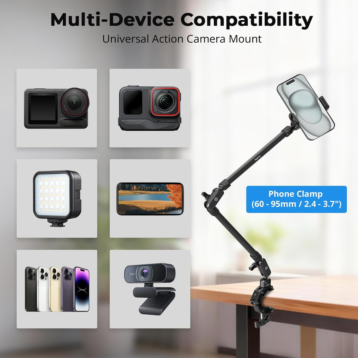 22" Magic Arm Clamp, Overhead Phone Mount Holder Stand, Camera Arm