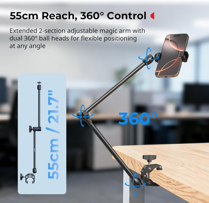 22" Magic Arm Clamp, Overhead Phone Mount Holder Stand, Camera Arm