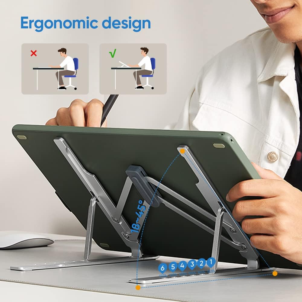 Drawing Tablet Stand for Desk,Silver Portable Holder for Graphics Tablet&Pen Display, Aluminum Computer Riser Compatible with 10 to 15.6 Inch Laptops and Drawing Tablets,Portable and Adjustable