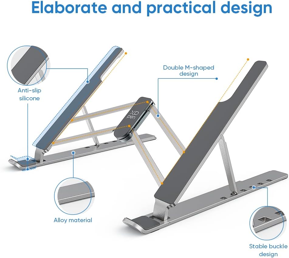 Drawing Tablet Stand for Desk,Silver Portable Holder for Graphics Tablet&Pen Display, Aluminum Computer Riser Compatible with 10 to 15.6 Inch Laptops and Drawing Tablets,Portable and Adjustable