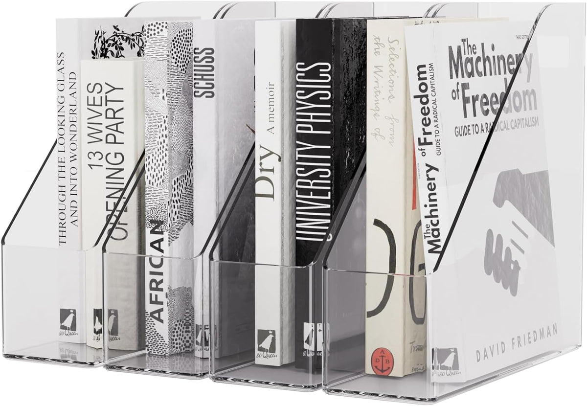 Magazine Holder, Clear Plastic Vertical File Magazine Organizer, Desktop File Magazine Book Storage Shelf for Office Desk, 10.6x9.8x3.1 Inch
