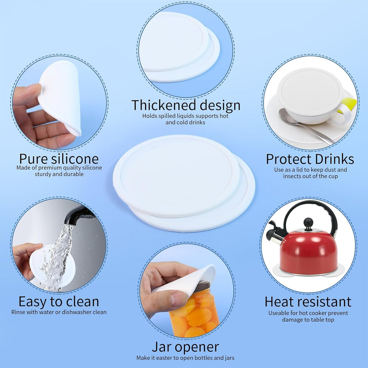 5-Pack White Silicone Coasters, Non-Slip Drink Coasters for Dining Table