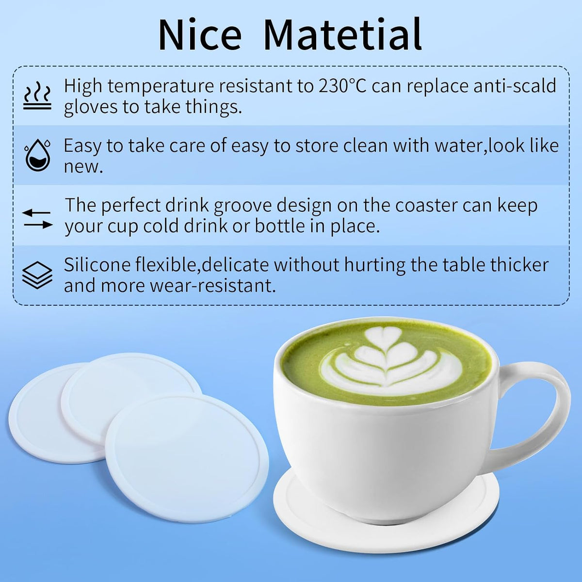 5-Pack White Silicone Coasters, Non-Slip Drink Coasters for Dining Table