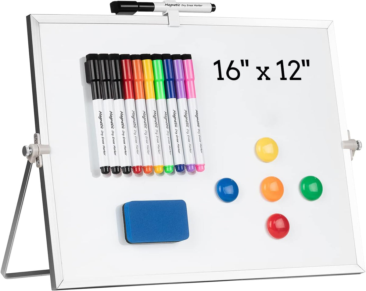 Dry Erase White Board, Magnetic Desktop Whiteboard 16 x 12inch with Stand, 10 Markers, 4 Magnets and 1 Eraser, Portable Double-Sided White Board for Kids Drawing, Office, Home, School