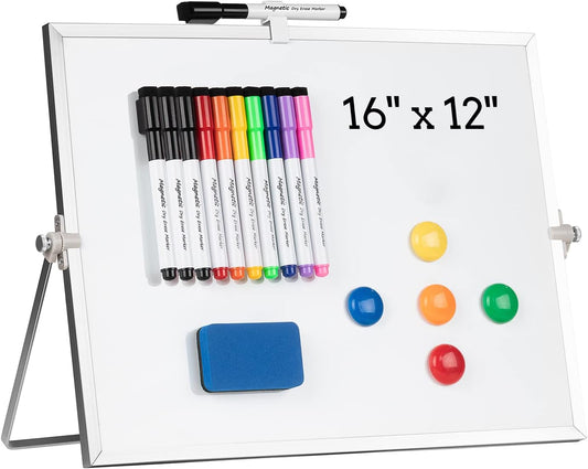 Dry Erase White Board, Magnetic Desktop Whiteboard 16 x 12inch with Stand, 10 Markers, 4 Magnets and 1 Eraser, Portable Double-Sided White Board for Kids Drawing, Office, Home, School