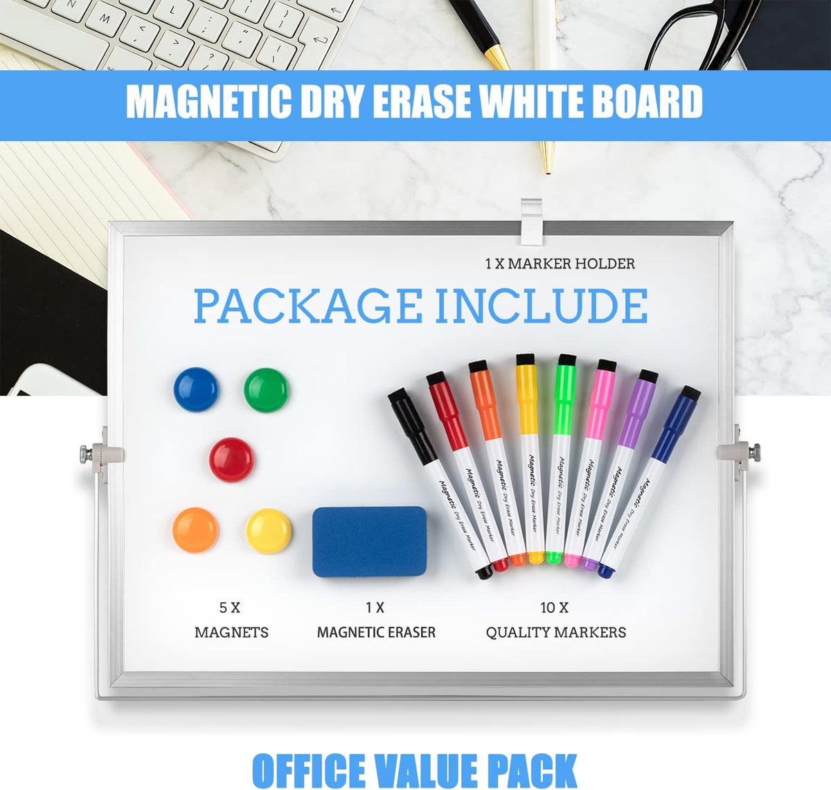 Dry Erase White Board, Magnetic Desktop Whiteboard 16 x 12inch with Stand, 10 Markers, 4 Magnets and 1 Eraser, Portable Double-Sided White Board for Kids Drawing, Office, Home, School