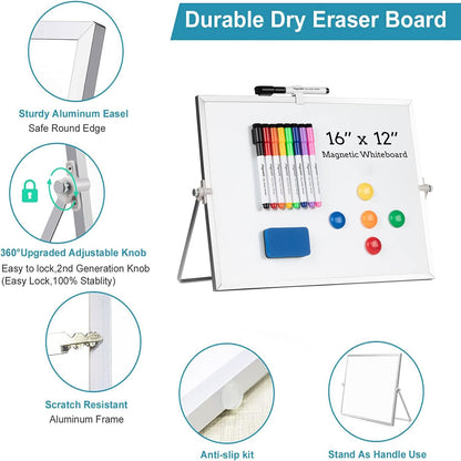 Dry Erase White Board, Magnetic Desktop Whiteboard 16 x 12inch with Stand, 10 Markers, 4 Magnets and 1 Eraser, Portable Double-Sided White Board for Kids Drawing, Office, Home, School