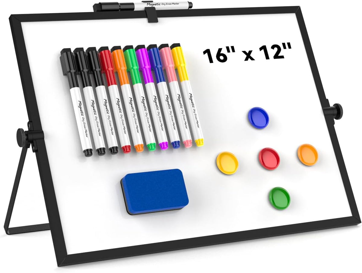 Dry Erase White Board, Magnetic Desktop Whiteboard 16 x 12inch with Stand, 10 Markers, 4 Magnets and 1 Eraser, Portable Double-Sided White Board for Kids Drawing, Office, Home, School