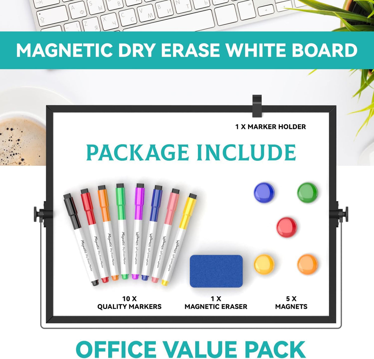 Dry Erase White Board, Magnetic Desktop Whiteboard 16 x 12inch with Stand, 10 Markers, 4 Magnets and 1 Eraser, Portable Double-Sided White Board for Kids Drawing, Office, Home, School