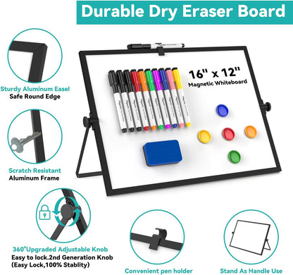 Dry Erase White Board, Magnetic Desktop Whiteboard 16 x 12inch with Stand, 10 Markers, 4 Magnets and 1 Eraser, Portable Double-Sided White Board for Kids Drawing, Office, Home, School