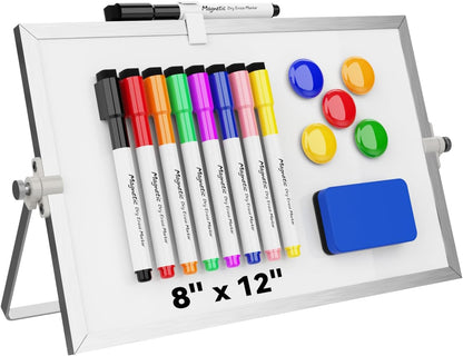 Dry Erase White Board, Magnetic Desktop Whiteboard 16 x 12inch with Stand, 10 Markers, 4 Magnets and 1 Eraser, Portable Double-Sided White Board for Kids Drawing, Office, Home, School