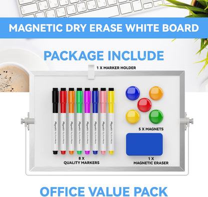 Dry Erase White Board, Magnetic Desktop Whiteboard 16 x 12inch with Stand, 10 Markers, 4 Magnets and 1 Eraser, Portable Double-Sided White Board for Kids Drawing, Office, Home, School