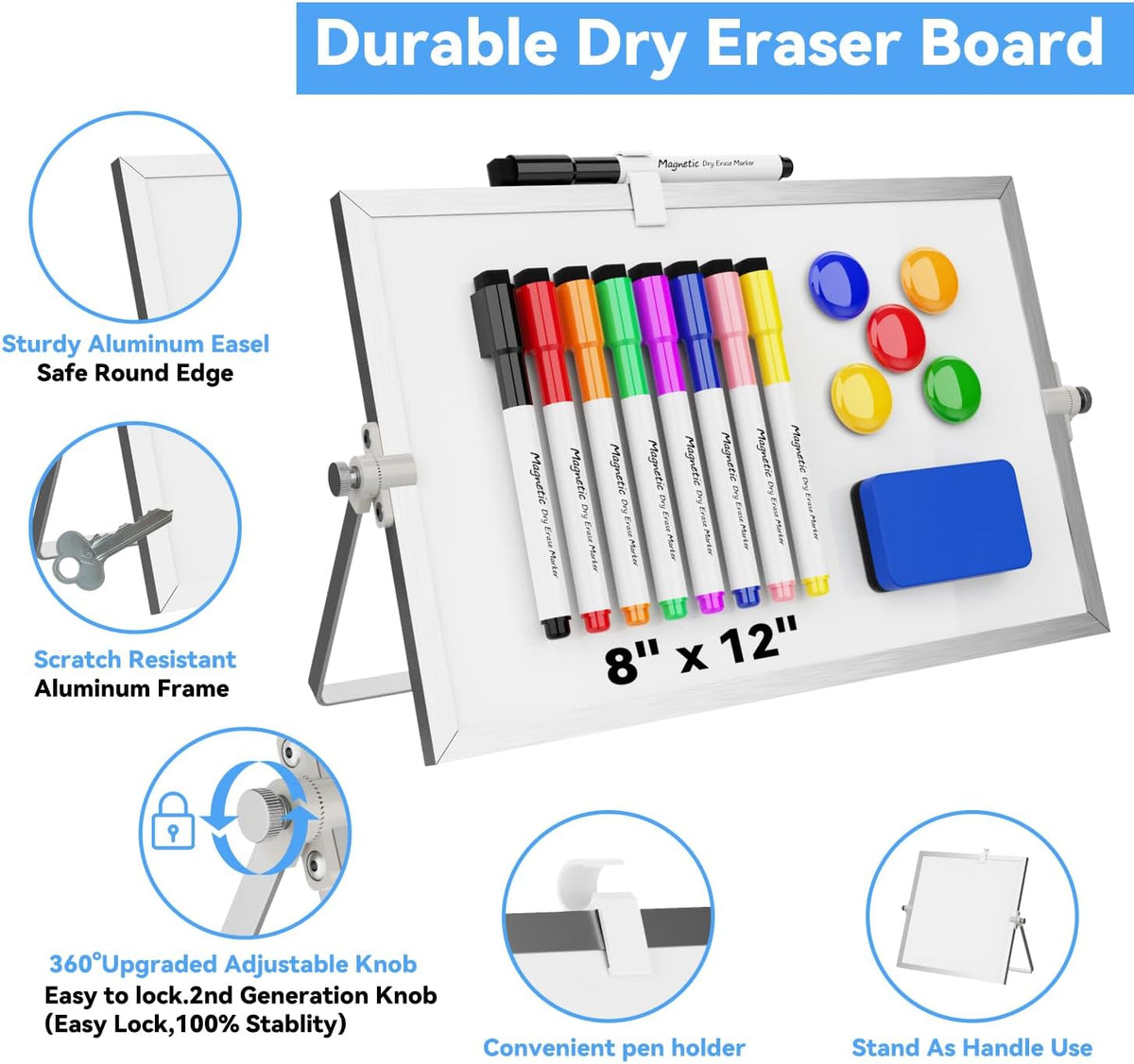 Dry Erase White Board, Magnetic Desktop Whiteboard 16 x 12inch with Stand, 10 Markers, 4 Magnets and 1 Eraser, Portable Double-Sided White Board for Kids Drawing, Office, Home, School