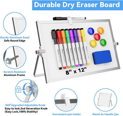 Dry Erase White Board, Magnetic Desktop Whiteboard 16 x 12inch with Stand, 10 Markers, 4 Magnets and 1 Eraser, Portable Double-Sided White Board for Kids Drawing, Office, Home, School