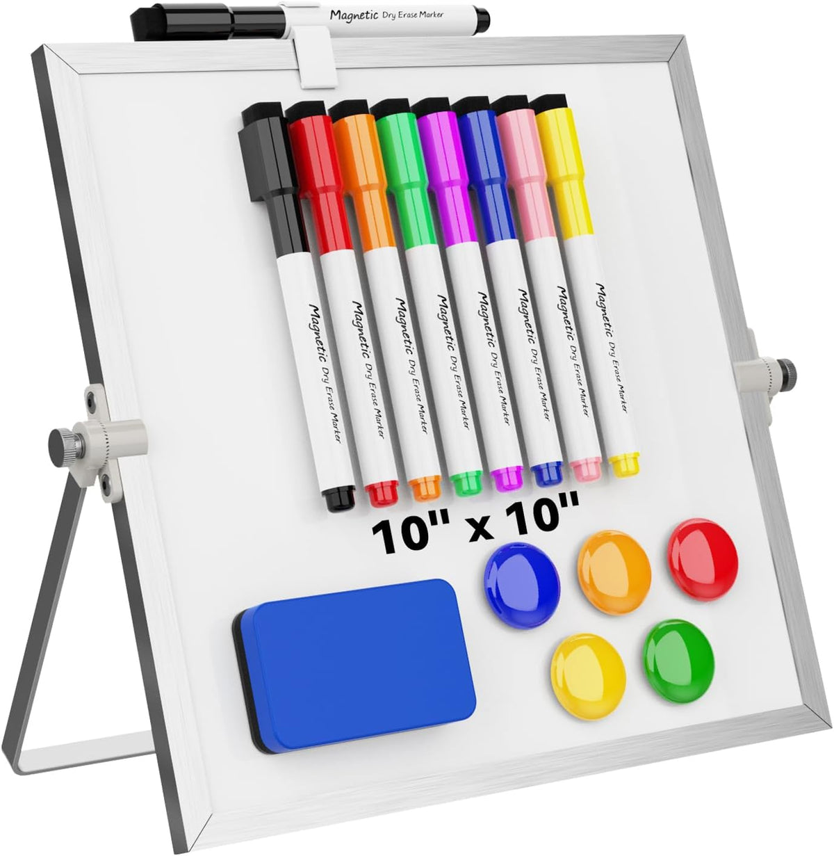 Dry Erase White Board, Magnetic Desktop Whiteboard 16 x 12inch with Stand, 10 Markers, 4 Magnets and 1 Eraser, Portable Double-Sided White Board for Kids Drawing, Office, Home, School