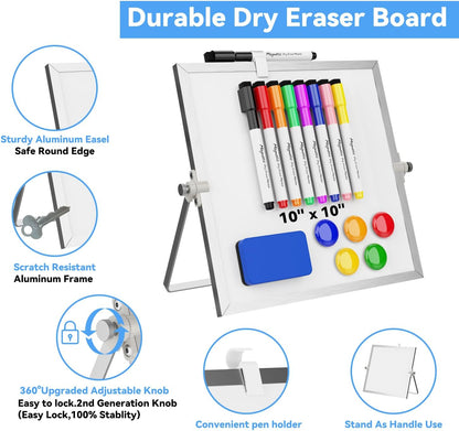Dry Erase White Board, Magnetic Desktop Whiteboard 16 x 12inch with Stand, 10 Markers, 4 Magnets and 1 Eraser, Portable Double-Sided White Board for Kids Drawing, Office, Home, School