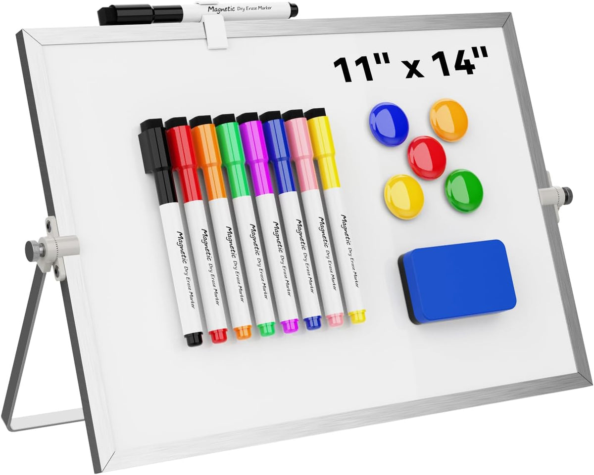 Dry Erase White Board, Magnetic Desktop Whiteboard 16 x 12inch with Stand, 10 Markers, 4 Magnets and 1 Eraser, Portable Double-Sided White Board for Kids Drawing, Office, Home, School
