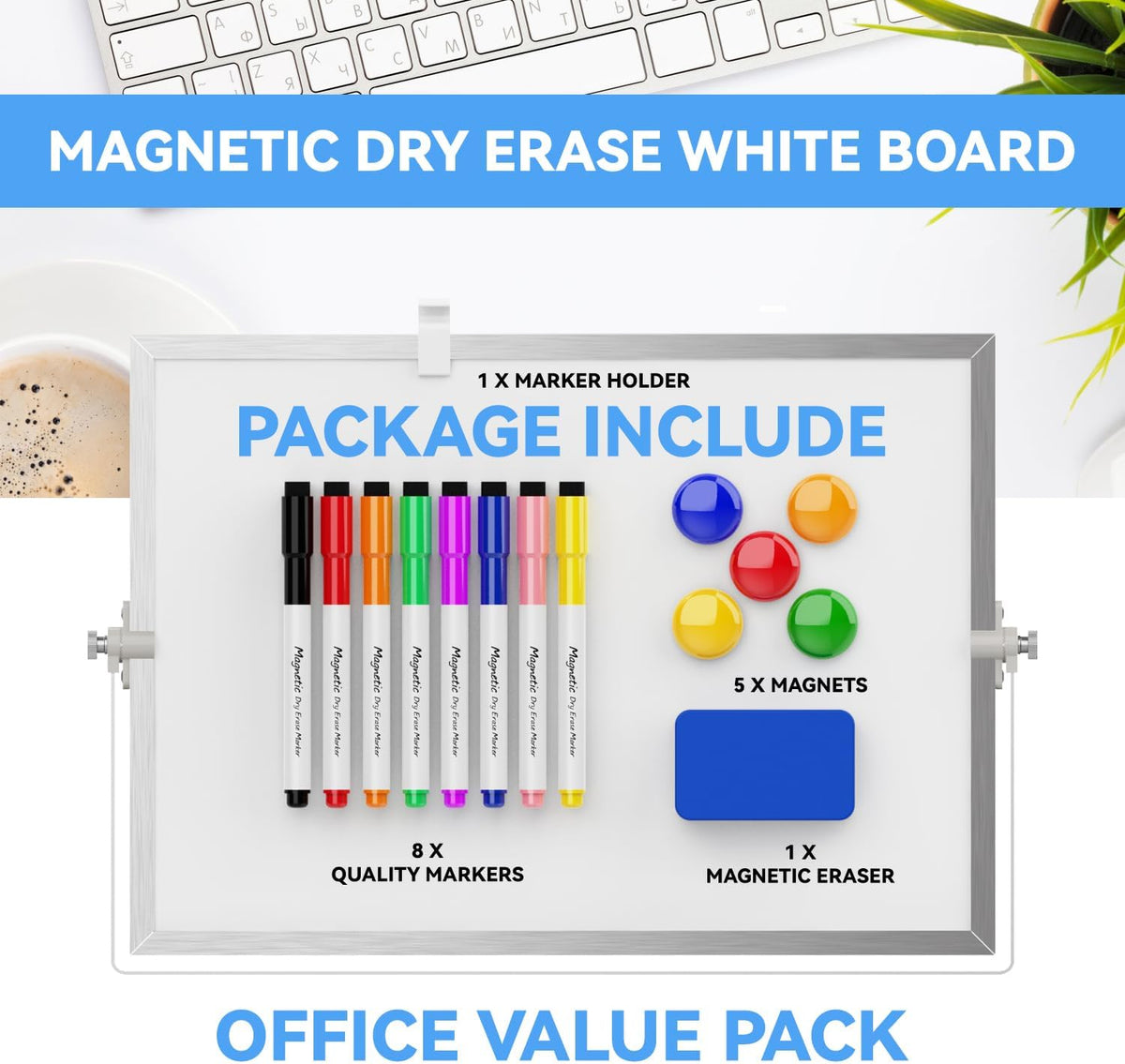 Dry Erase White Board, Magnetic Desktop Whiteboard 16 x 12inch with Stand, 10 Markers, 4 Magnets and 1 Eraser, Portable Double-Sided White Board for Kids Drawing, Office, Home, School