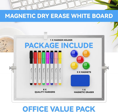 Dry Erase White Board, Magnetic Desktop Whiteboard 16 x 12inch with Stand, 10 Markers, 4 Magnets and 1 Eraser, Portable Double-Sided White Board for Kids Drawing, Office, Home, School