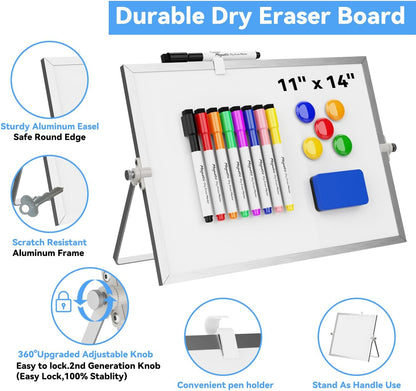 Dry Erase White Board, Magnetic Desktop Whiteboard 16 x 12inch with Stand, 10 Markers, 4 Magnets and 1 Eraser, Portable Double-Sided White Board for Kids Drawing, Office, Home, School