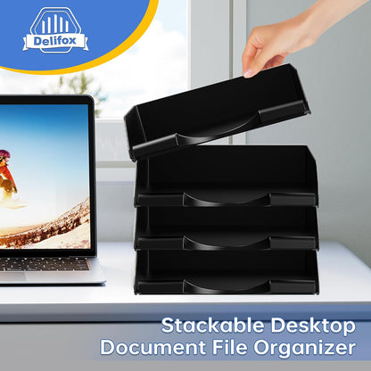 4 Pack Stackable Paper Trays for Letter Documents, Desktop File Organizers for Office Supplies, Stackable Desk Tray Holder for Paper Storage, Black