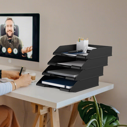 4 Pack Stackable Paper Trays for Letter Documents, Desktop File Organizers for Office Supplies, Stackable Desk Tray Holder for Paper Storage, Black
