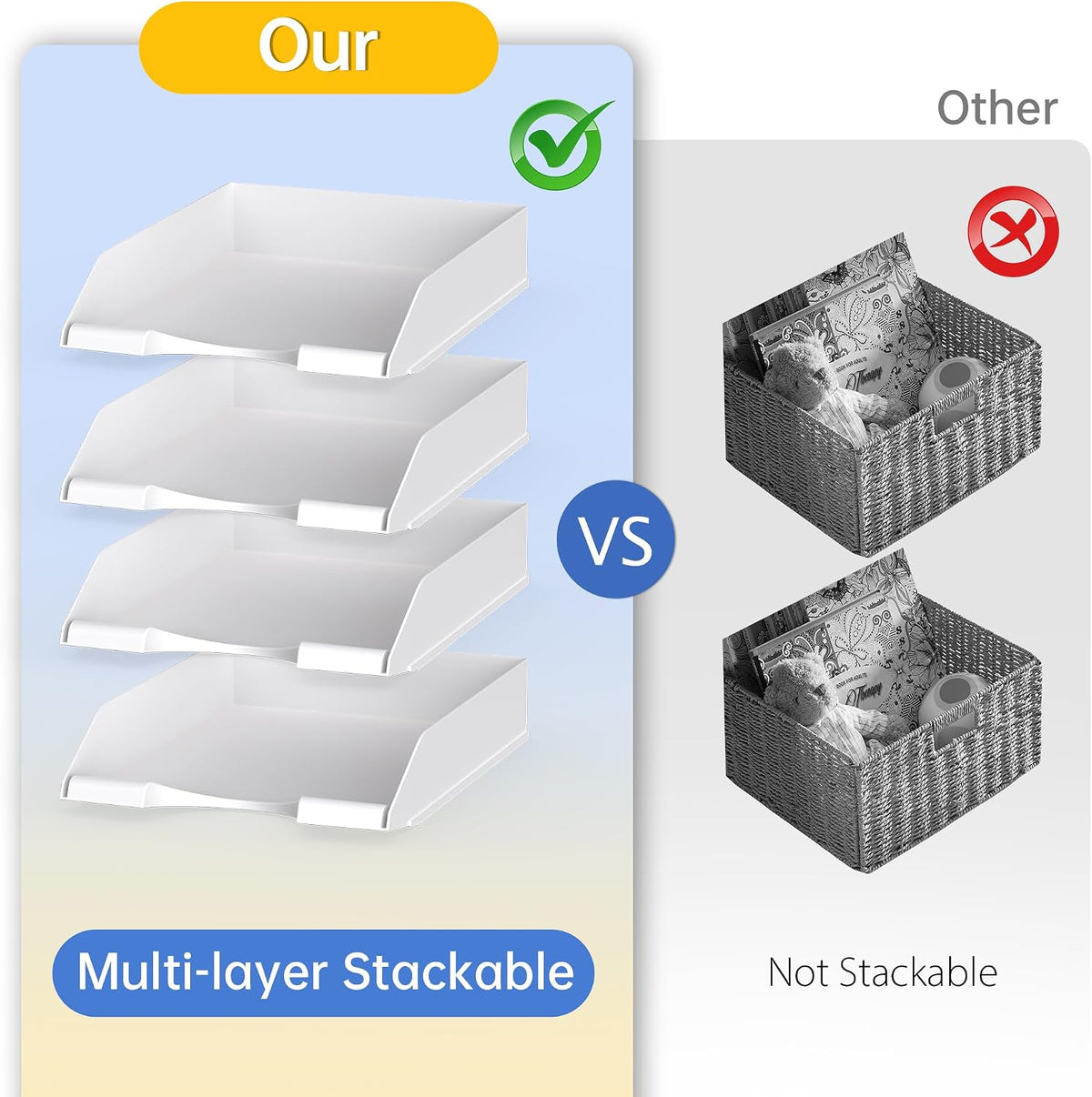 4 Pack Stackable Paper Trays for Letter Documents, Desktop File Organizers for Office Supplies, Stackable Desk Tray Holder for Paper Storage, Black