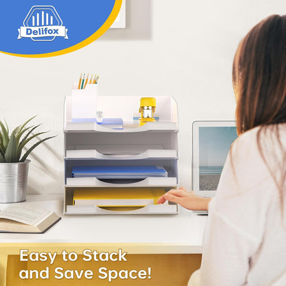 4 Pack Stackable Paper Trays for Letter Documents, Desktop File Organizers for Office Supplies, Stackable Desk Tray Holder for Paper Storage, Black