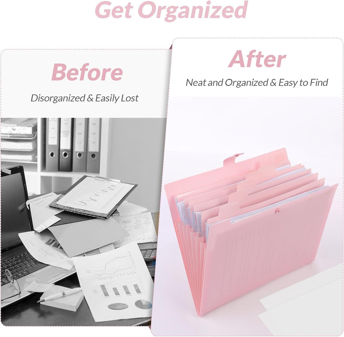 Expanding File Folder, Accordion File Organizer with 8 Pockets, Expandable Document Paper Receipt Holder for School Office Hospital, Letter/A4 Size Pink