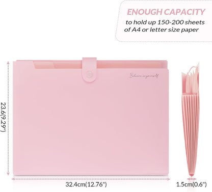 Expanding File Folder, Accordion File Organizer with 8 Pockets, Expandable Document Paper Receipt Holder for School Office Hospital, Letter/A4 Size Pink