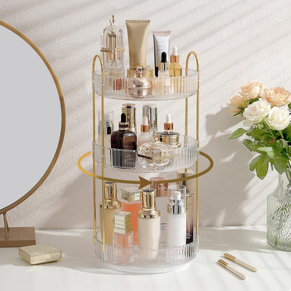 3-Tier 360° Rotating Makeup Organizer, Clear Spinning Perfume Cosmetic Storage for Vanity Countertop, Sturdy Metal Pole Skincare Holder Stand for Bathroom Dresser, White