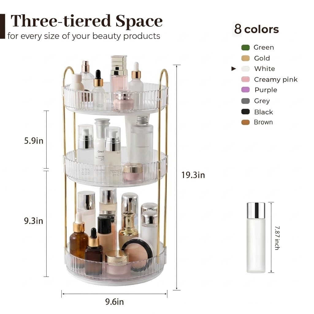 3-Tier 360° Rotating Makeup Organizer, Clear Spinning Perfume Cosmetic Storage for Vanity Countertop, Sturdy Metal Pole Skincare Holder Stand for Bathroom Dresser, White