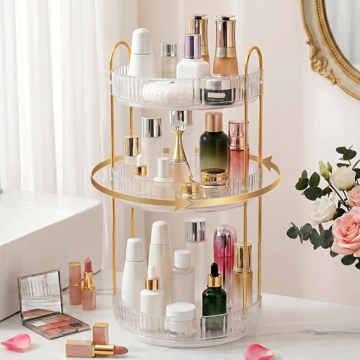 3-Tier 360° Rotating Makeup Organizer, Clear Spinning Perfume Cosmetic Storage for Vanity Countertop, Sturdy Metal Pole Skincare Holder Stand for Bathroom Dresser, White