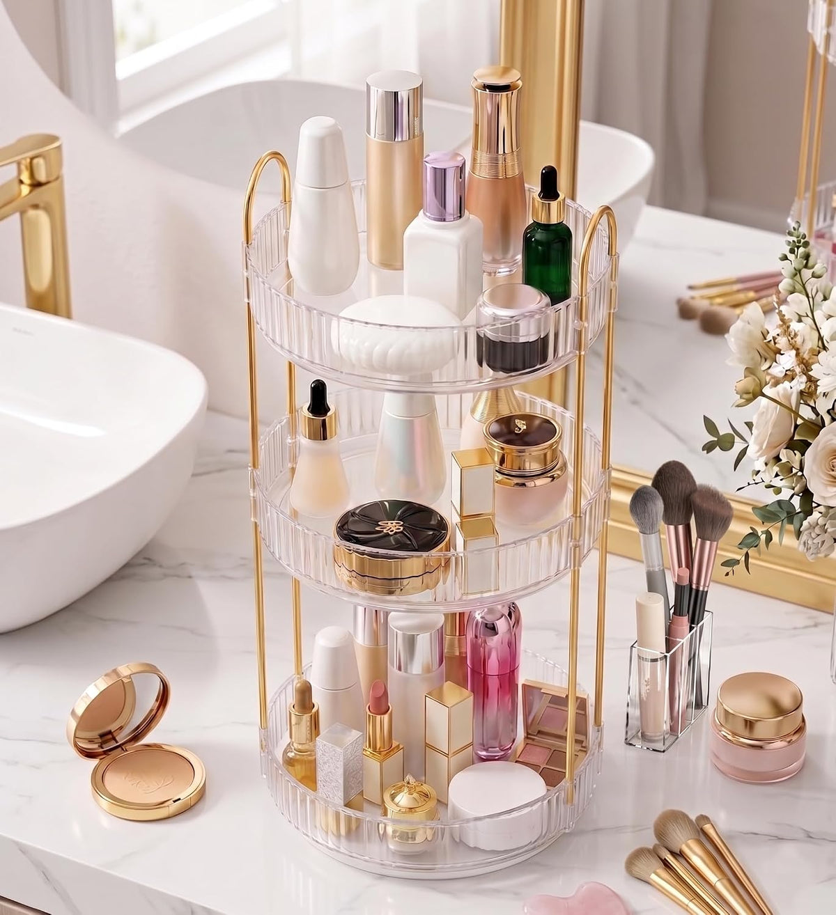 3-Tier 360° Rotating Makeup Organizer, Clear Spinning Perfume Cosmetic Storage for Vanity Countertop, Sturdy Metal Pole Skincare Holder Stand for Bathroom Dresser, White
