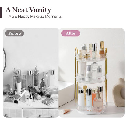 3-Tier 360° Rotating Makeup Organizer, Clear Spinning Perfume Cosmetic Storage for Vanity Countertop, Sturdy Metal Pole Skincare Holder Stand for Bathroom Dresser, White