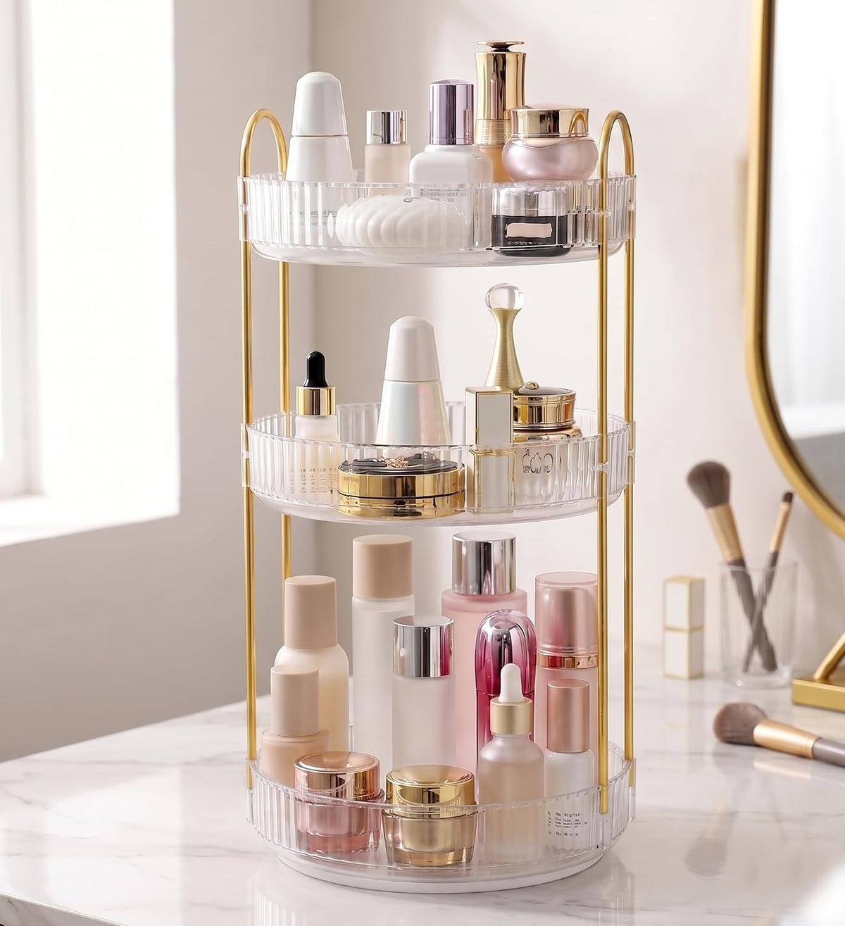 3-Tier 360° Rotating Makeup Organizer, Clear Spinning Perfume Cosmetic Storage for Vanity Countertop, Sturdy Metal Pole Skincare Holder Stand for Bathroom Dresser, White