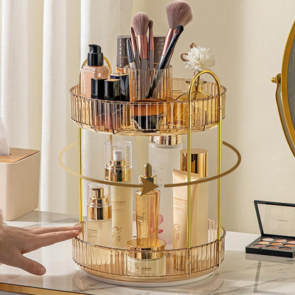 3-Tier 360° Rotating Makeup Organizer, Clear Spinning Perfume Cosmetic Storage for Vanity Countertop, Sturdy Metal Pole Skincare Holder Stand for Bathroom Dresser, White