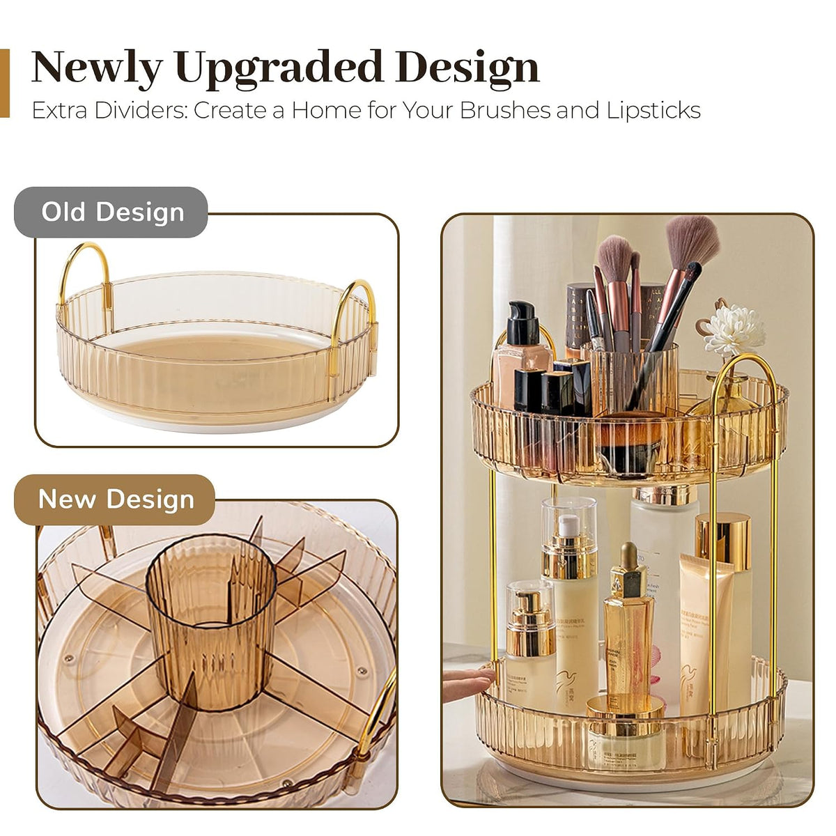 3-Tier 360° Rotating Makeup Organizer, Clear Spinning Perfume Cosmetic Storage for Vanity Countertop, Sturdy Metal Pole Skincare Holder Stand for Bathroom Dresser, White