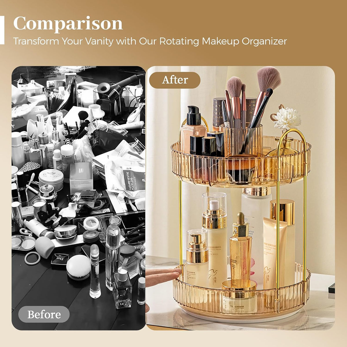 3-Tier 360° Rotating Makeup Organizer, Clear Spinning Perfume Cosmetic Storage for Vanity Countertop, Sturdy Metal Pole Skincare Holder Stand for Bathroom Dresser, White