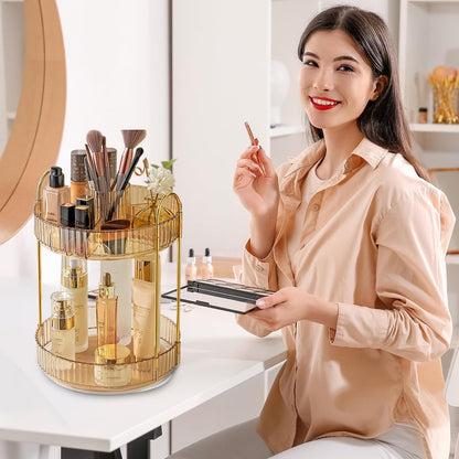 3-Tier 360° Rotating Makeup Organizer, Clear Spinning Perfume Cosmetic Storage for Vanity Countertop, Sturdy Metal Pole Skincare Holder Stand for Bathroom Dresser, White