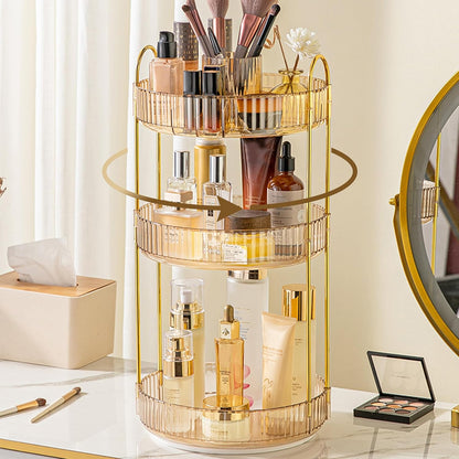 3-Tier 360° Rotating Makeup Organizer, Clear Spinning Perfume Cosmetic Storage for Vanity Countertop, Sturdy Metal Pole Skincare Holder Stand for Bathroom Dresser, White
