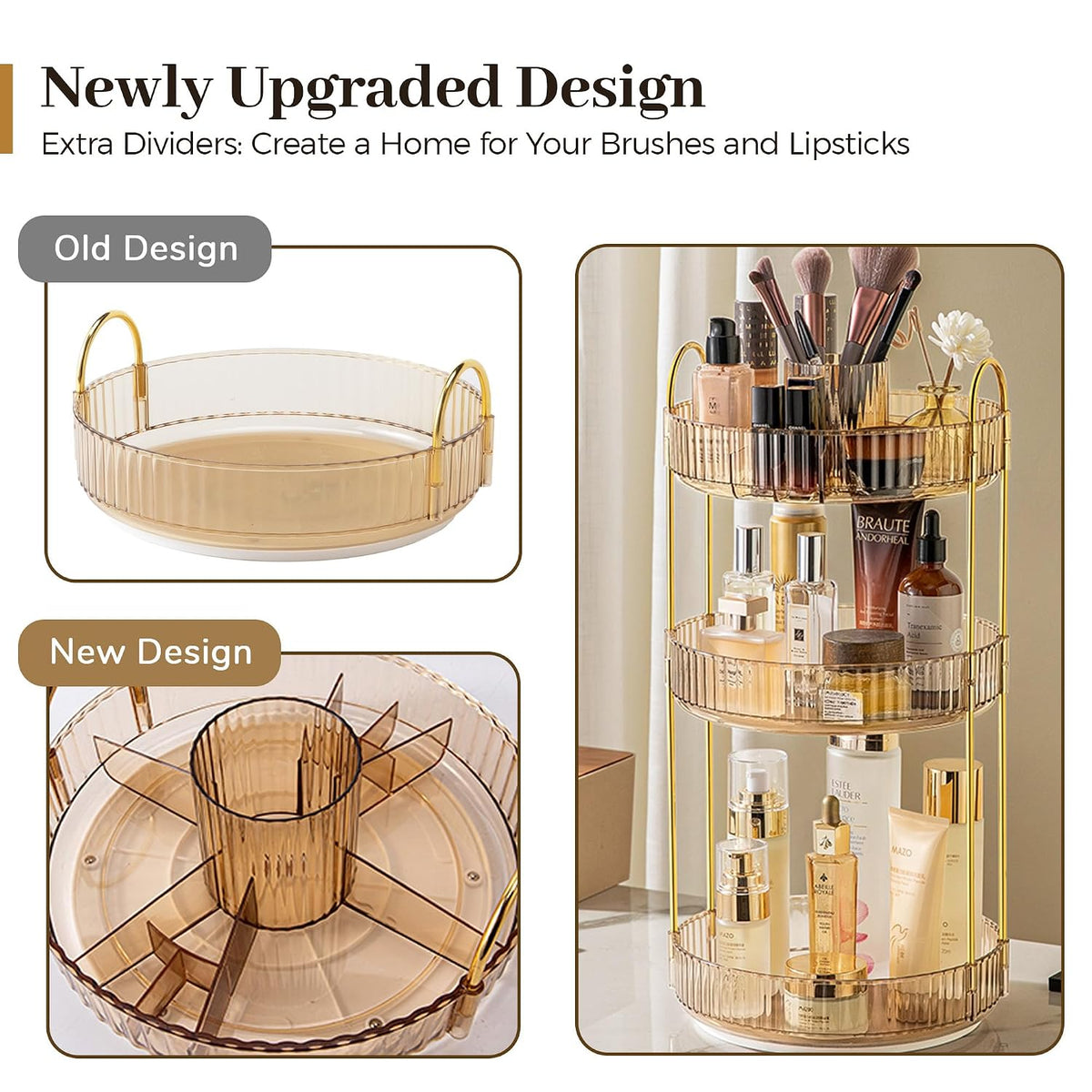 3-Tier 360° Rotating Makeup Organizer, Clear Spinning Perfume Cosmetic Storage for Vanity Countertop, Sturdy Metal Pole Skincare Holder Stand for Bathroom Dresser, White
