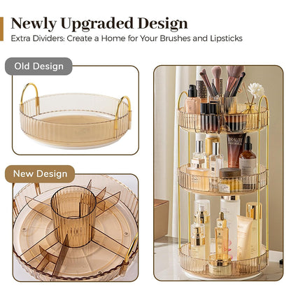 3-Tier 360° Rotating Makeup Organizer, Clear Spinning Perfume Cosmetic Storage for Vanity Countertop, Sturdy Metal Pole Skincare Holder Stand for Bathroom Dresser, White