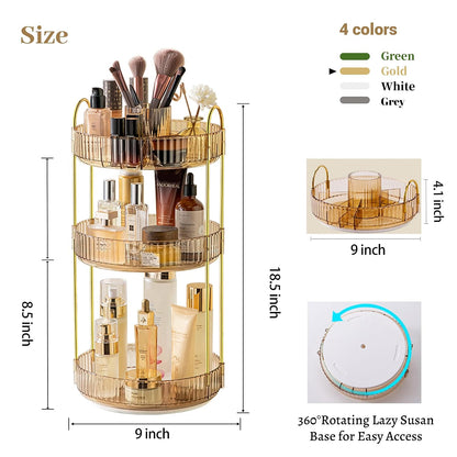 3-Tier 360° Rotating Makeup Organizer, Clear Spinning Perfume Cosmetic Storage for Vanity Countertop, Sturdy Metal Pole Skincare Holder Stand for Bathroom Dresser, White