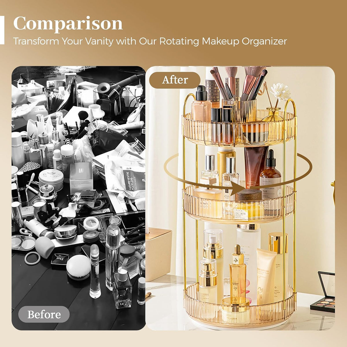 3-Tier 360° Rotating Makeup Organizer, Clear Spinning Perfume Cosmetic Storage for Vanity Countertop, Sturdy Metal Pole Skincare Holder Stand for Bathroom Dresser, White