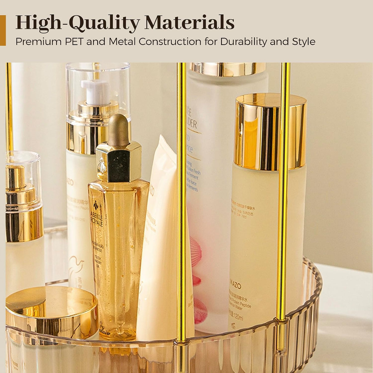 3-Tier 360° Rotating Makeup Organizer, Clear Spinning Perfume Cosmetic Storage for Vanity Countertop, Sturdy Metal Pole Skincare Holder Stand for Bathroom Dresser, White