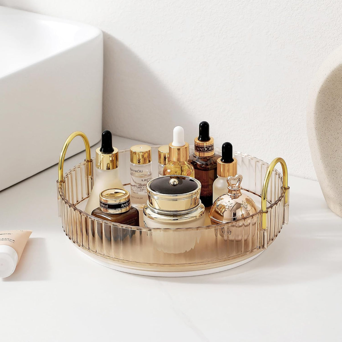 3-Tier 360° Rotating Makeup Organizer, Clear Spinning Perfume Cosmetic Storage for Vanity Countertop, Sturdy Metal Pole Skincare Holder Stand for Bathroom Dresser, White