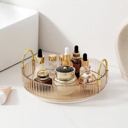 3-Tier 360° Rotating Makeup Organizer, Clear Spinning Perfume Cosmetic Storage for Vanity Countertop, Sturdy Metal Pole Skincare Holder Stand for Bathroom Dresser, White