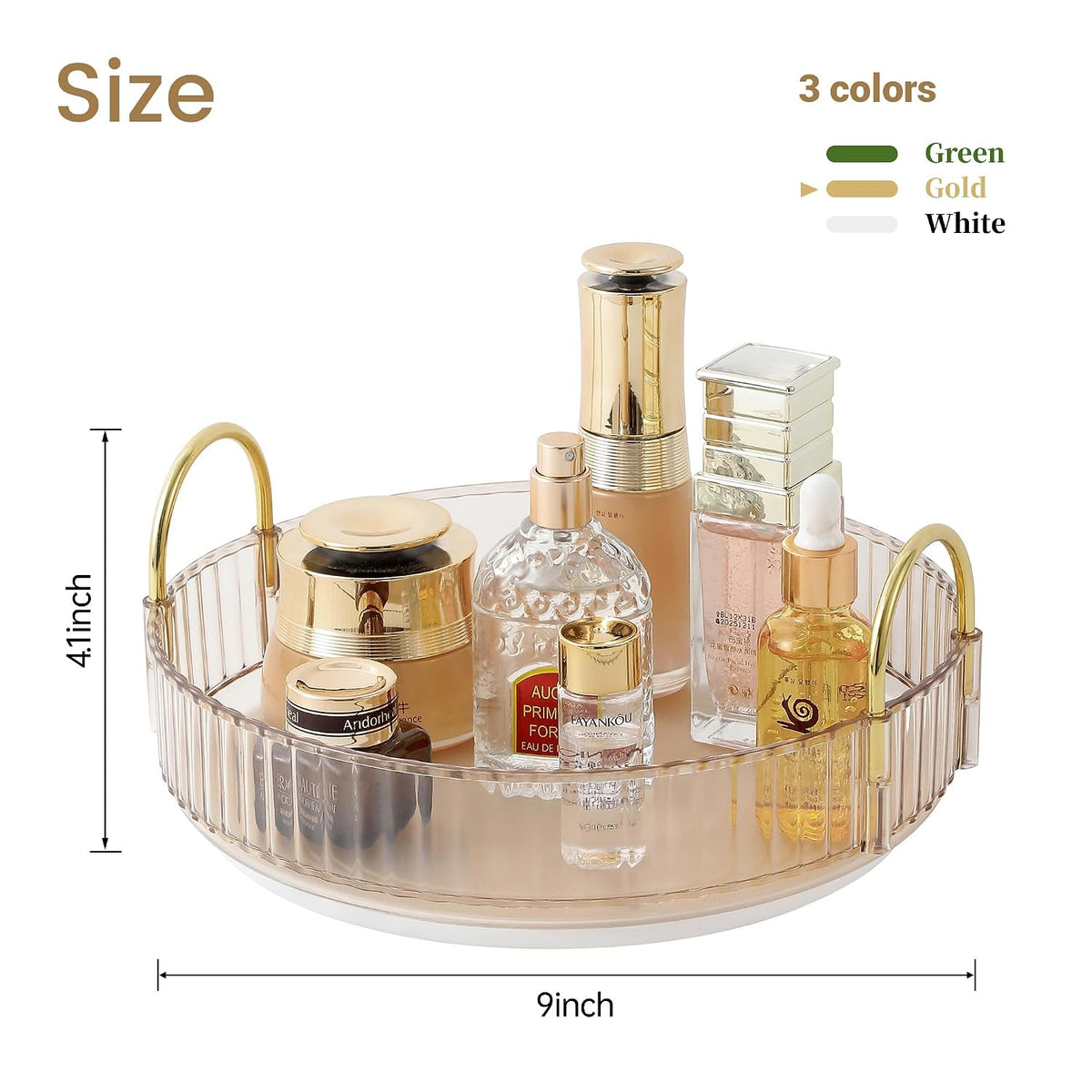 3-Tier 360° Rotating Makeup Organizer, Clear Spinning Perfume Cosmetic Storage for Vanity Countertop, Sturdy Metal Pole Skincare Holder Stand for Bathroom Dresser, White